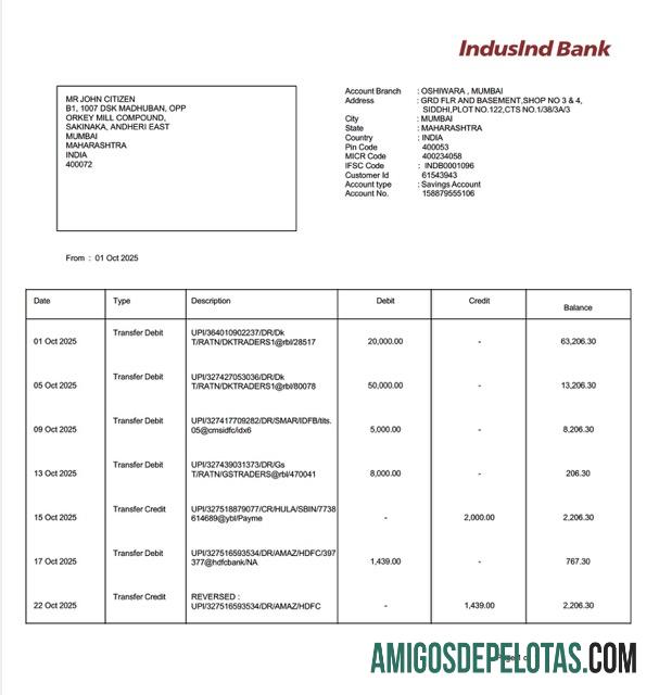 em branco Índia IndusInd Extrato de conta bancária modelo Word e PDF